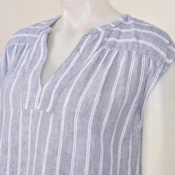 Lord & Taylor 100% Linen Striped Split Neck  Top Blue White Small - Picture 3 of 7